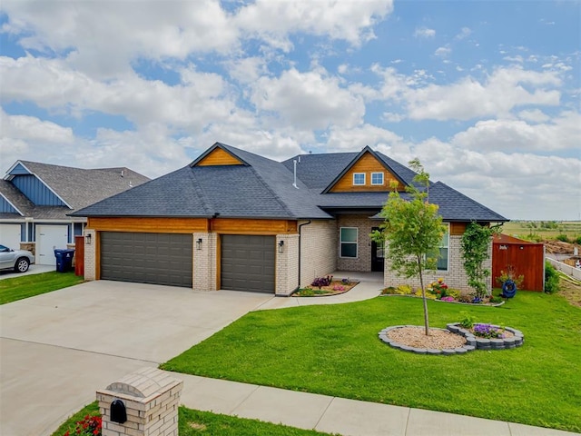 9312 Taggert Ln, Yukon, OK 73099 - view of front of property with a garage, a front yard, brick siding, concrete driveway, and a shingled roof