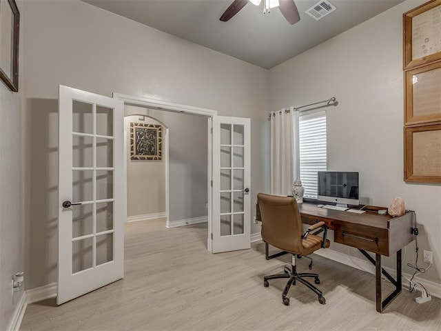 9312 Taggert Ln, Yukon, OK 73099 - office space featuring french doors, light wood-type flooring, baseboards, and ceiling fan