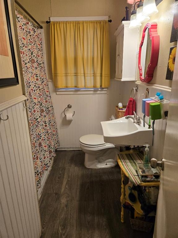 bathroom featuring toilet, a shower with curtain, hardwood / wood-style floors, and sink