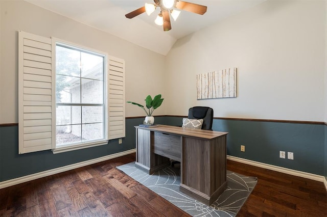 office with dark wood-type flooring, ceiling fan, and vaulted ceiling