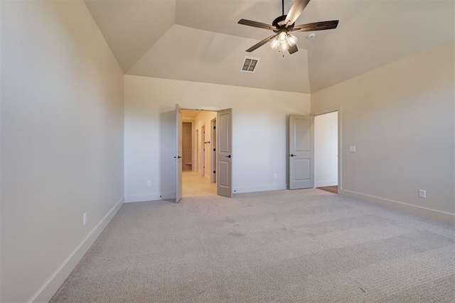 unfurnished bedroom with ceiling fan, high vaulted ceiling, and light carpet