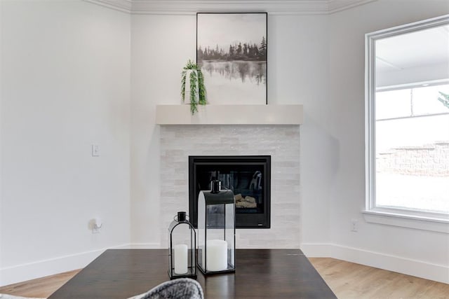 details featuring wood-type flooring, a fireplace, and ornamental molding