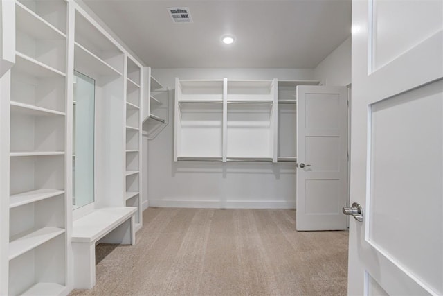 walk in closet with light colored carpet