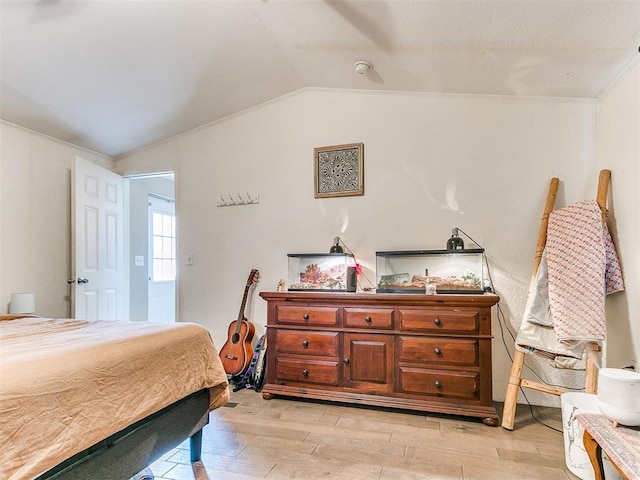 bedroom with vaulted ceiling and light hardwood / wood-style flooring