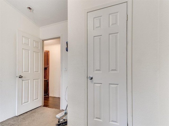 corridor featuring light colored carpet, a textured ceiling, and ornamental molding