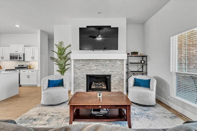 living room featuring a fireplace and light wood-type flooring