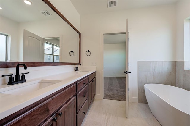 bathroom with a washtub, vanity, and plenty of natural light