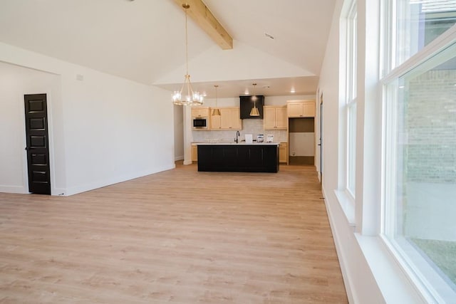 kitchen featuring pendant lighting, beam ceiling, decorative backsplash, a kitchen island with sink, and built in microwave