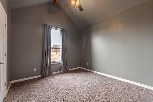 unfurnished room with carpet floors, lofted ceiling with beams, and ceiling fan