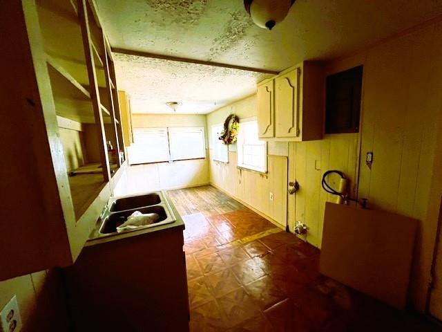 interior space with a textured ceiling, wood walls, and sink