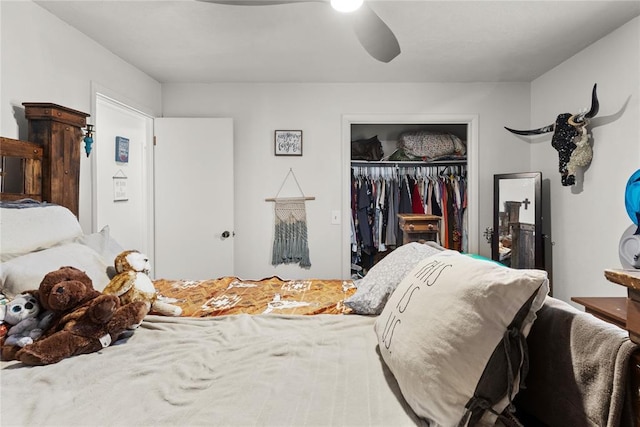 bedroom featuring ceiling fan and a closet