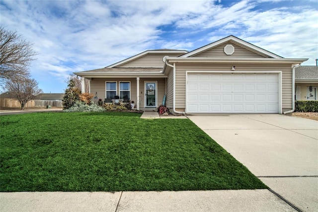 single story home with a garage, covered porch, and a front lawn