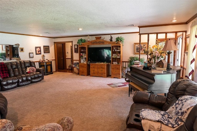 living room with a textured ceiling, crown molding, and light carpet