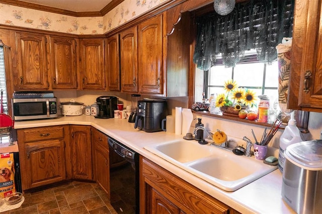 kitchen with dishwasher, sink, and crown molding