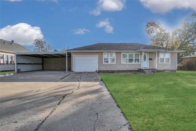 ranch-style house featuring a garage and a front yard