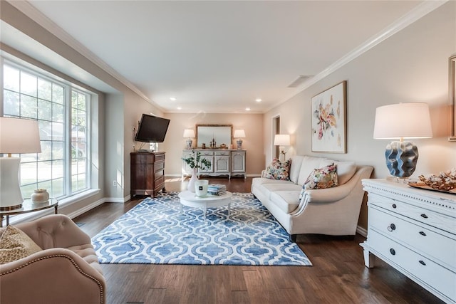 living room featuring crown molding and dark hardwood / wood-style floors