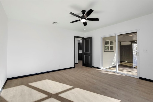 unfurnished bedroom featuring ceiling fan and light hardwood / wood-style flooring