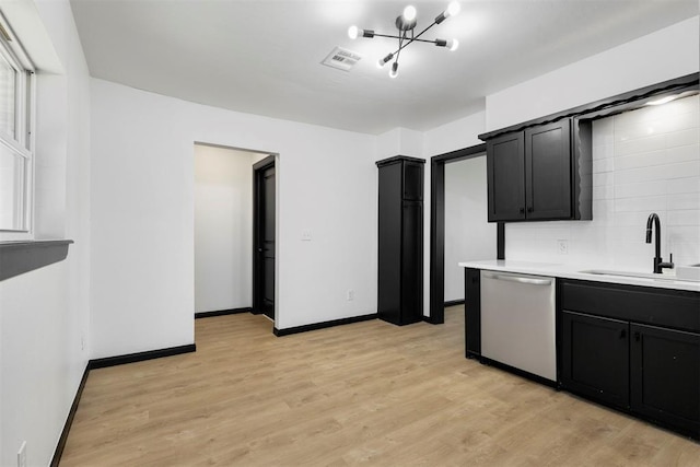 kitchen with decorative backsplash, dishwasher, sink, and light hardwood / wood-style flooring