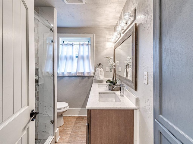 bathroom with vanity, toilet, and a shower with door