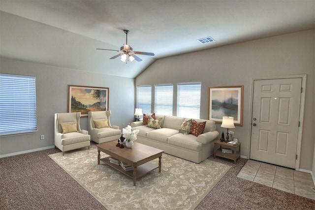 carpeted living room with lofted ceiling and ceiling fan