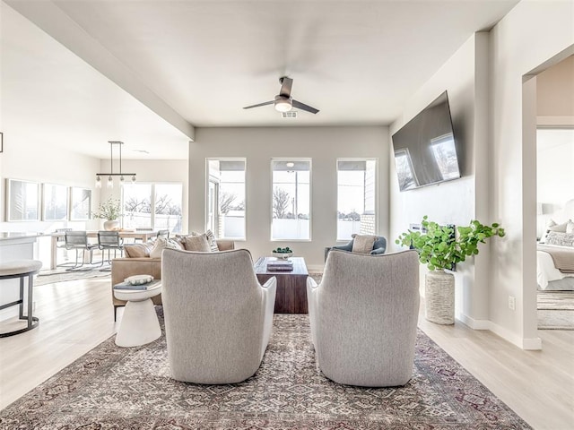 living room featuring ceiling fan and hardwood / wood-style floors