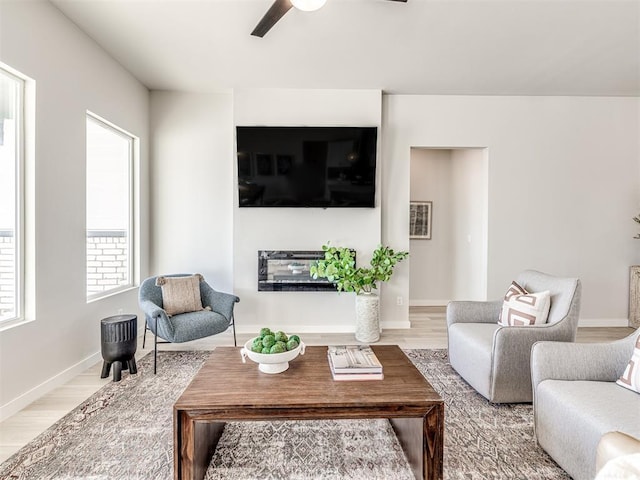 living room featuring hardwood / wood-style flooring and ceiling fan