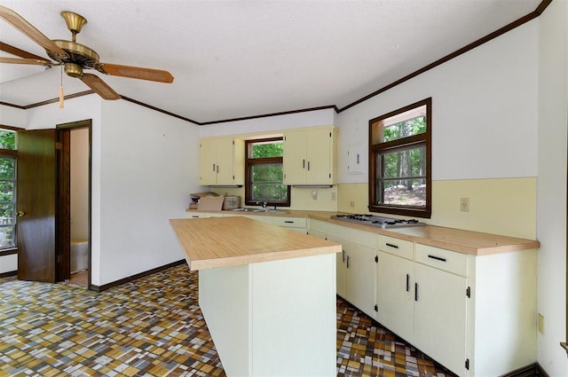 kitchen featuring stainless steel gas stovetop, a healthy amount of sunlight, sink, and kitchen peninsula