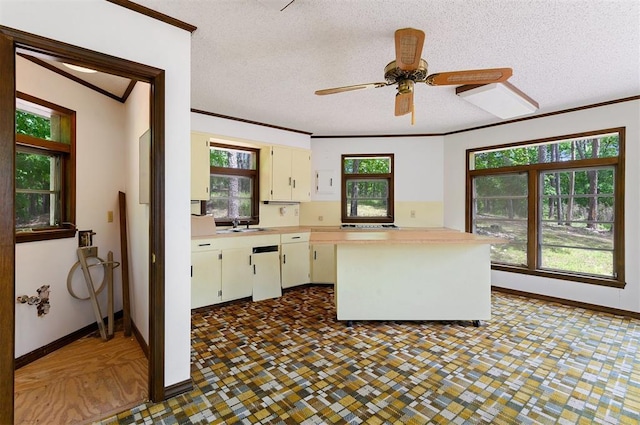 kitchen with sink, a wealth of natural light, a textured ceiling, and kitchen peninsula