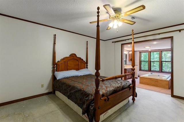 bedroom with crown molding, ceiling fan, ensuite bathroom, and a textured ceiling