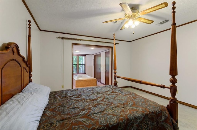 bedroom featuring crown molding, connected bathroom, a textured ceiling, and ceiling fan