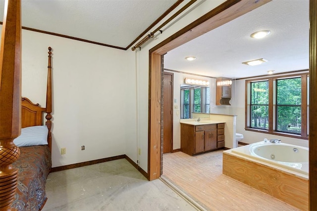 bathroom with vanity, a textured ceiling, ornamental molding, and a healthy amount of sunlight