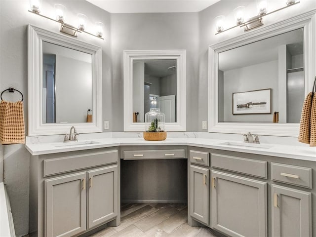 bathroom featuring vanity and hardwood / wood-style flooring