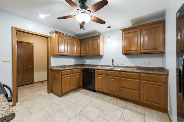 kitchen featuring ceiling fan, sink, decorative light fixtures, black dishwasher, and dark stone countertops