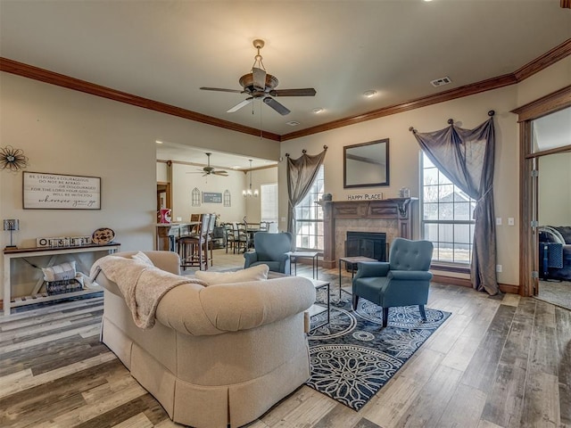 living room featuring a tiled fireplace, a wealth of natural light, wood-type flooring, and ornamental molding