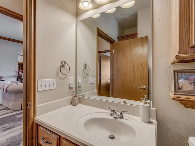 bathroom featuring hardwood / wood-style flooring and vanity