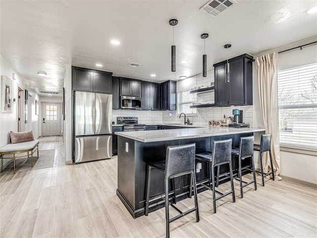 kitchen with appliances with stainless steel finishes, decorative backsplash, hanging light fixtures, kitchen peninsula, and light hardwood / wood-style flooring