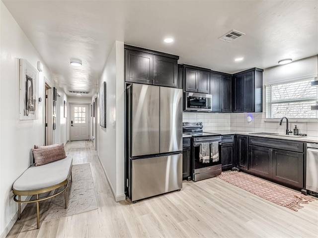 kitchen featuring sink, tasteful backsplash, light wood-type flooring, a wealth of natural light, and stainless steel appliances