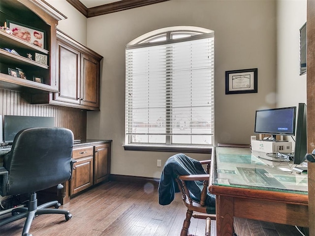 office space with ornamental molding and hardwood / wood-style floors