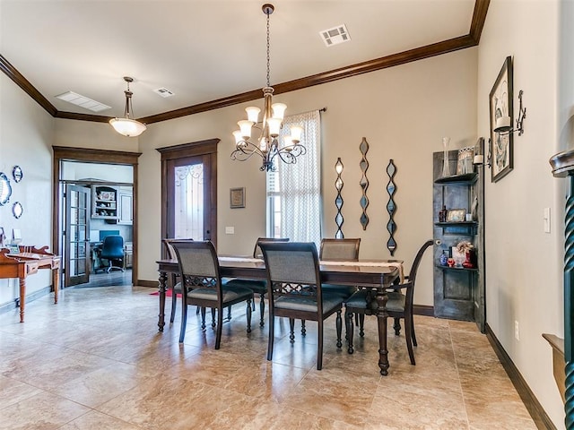 dining area with ornamental molding, visible vents, and baseboards