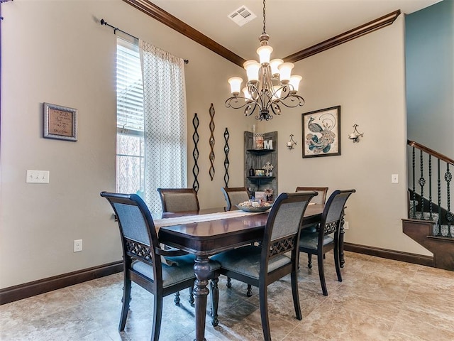 dining area with ornamental molding, stairway, visible vents, and baseboards