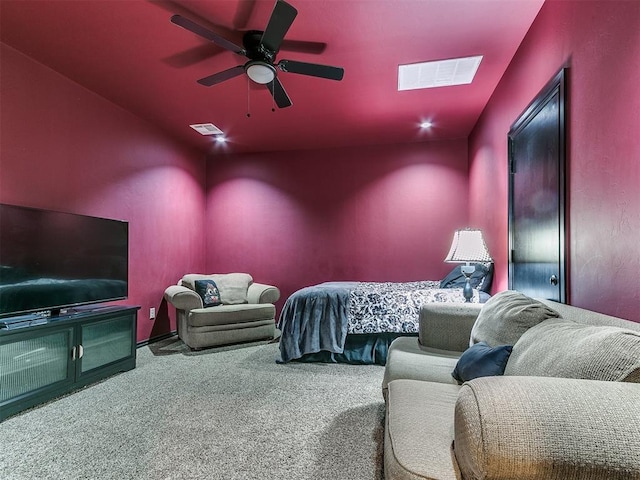 carpeted bedroom featuring ceiling fan