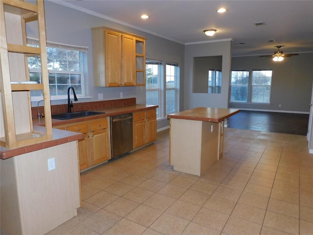 kitchen with light tile patterned floors, a center island, crown molding, stainless steel dishwasher, and sink