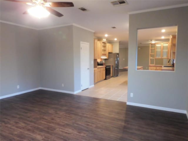 unfurnished living room with ceiling fan, dark hardwood / wood-style flooring, and crown molding