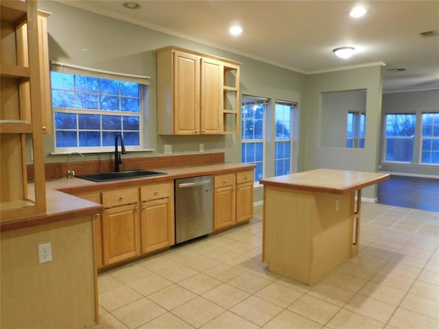 kitchen with dishwasher, a center island, sink, crown molding, and light brown cabinets