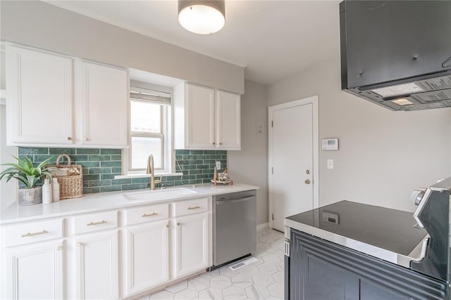 kitchen featuring stainless steel dishwasher, black electric cooktop, sink, white cabinets, and backsplash