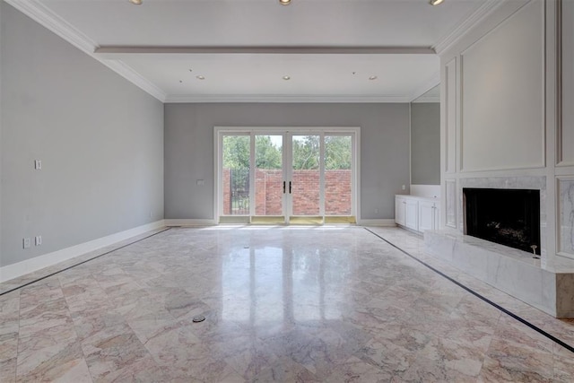 unfurnished living room featuring french doors and crown molding