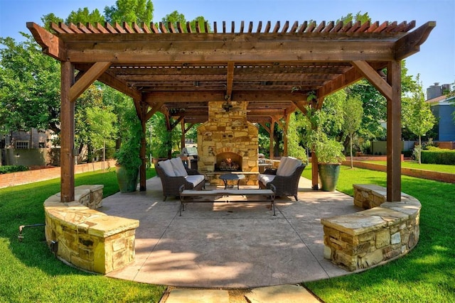 view of patio / terrace featuring a pergola and an outdoor living space with a fireplace