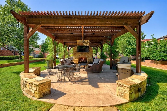 view of patio / terrace featuring a pergola and an outdoor stone fireplace