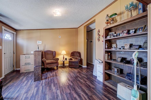 sitting room featuring ornamental molding, dark hardwood / wood-style floors, and a textured ceiling