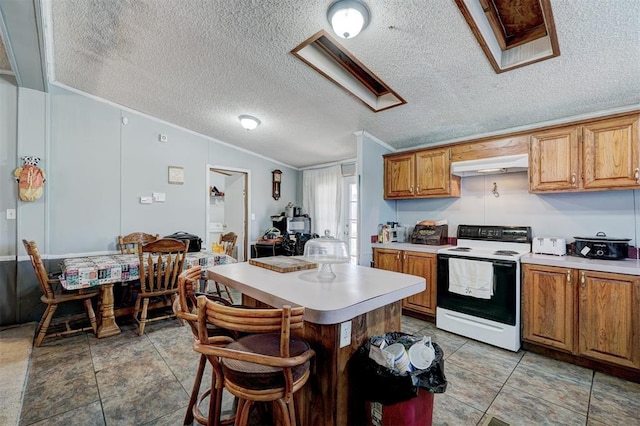 kitchen with ornamental molding and electric range oven